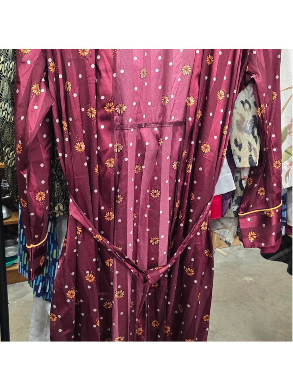 Burgundy and yellow floral robe with tie waist and pockets